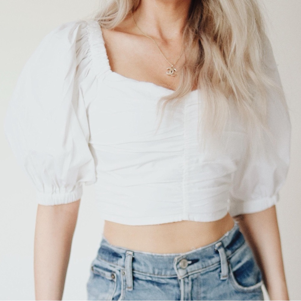 Abercrombie & Fitch White Ruched Puff Sleeve Blouse | S